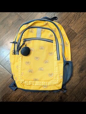 Yellow Kids Backpack with Rainbow Print and Pom Pom Charm
